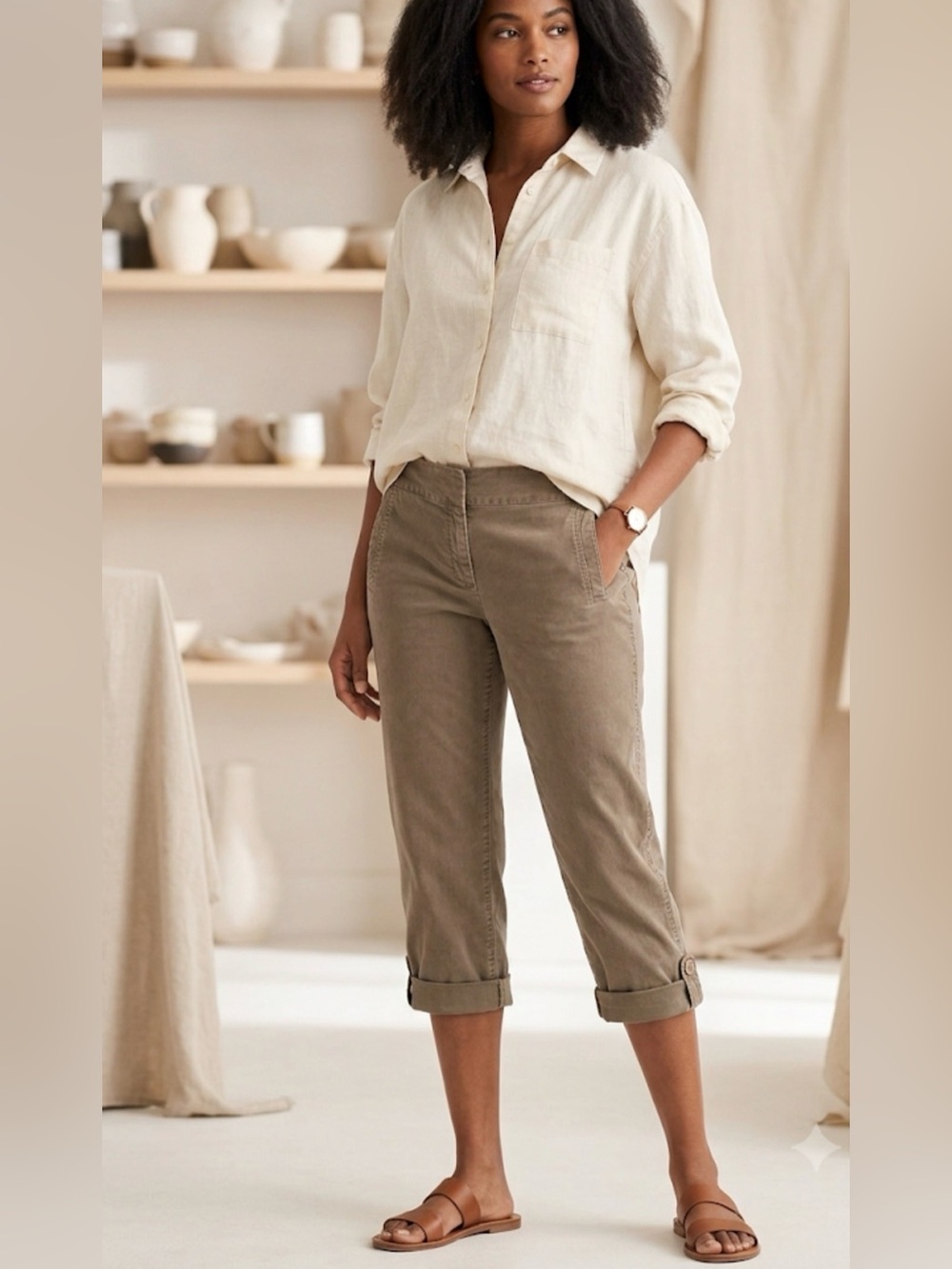 Eileen Fisher Cropped Capris in Olive-Taupe Organic Cotton